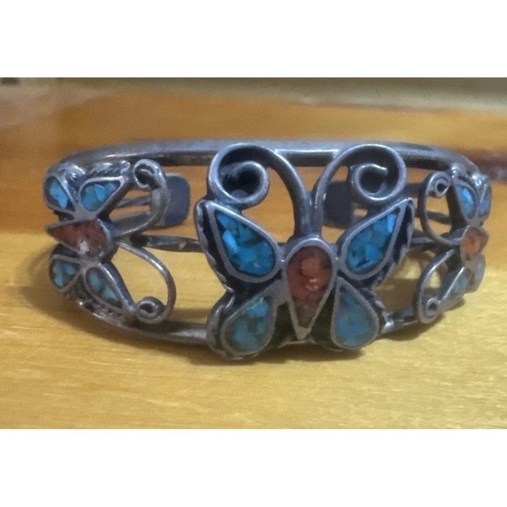 VTG Native American Navajo turquoise coral Bracelet sterling silver butterfly